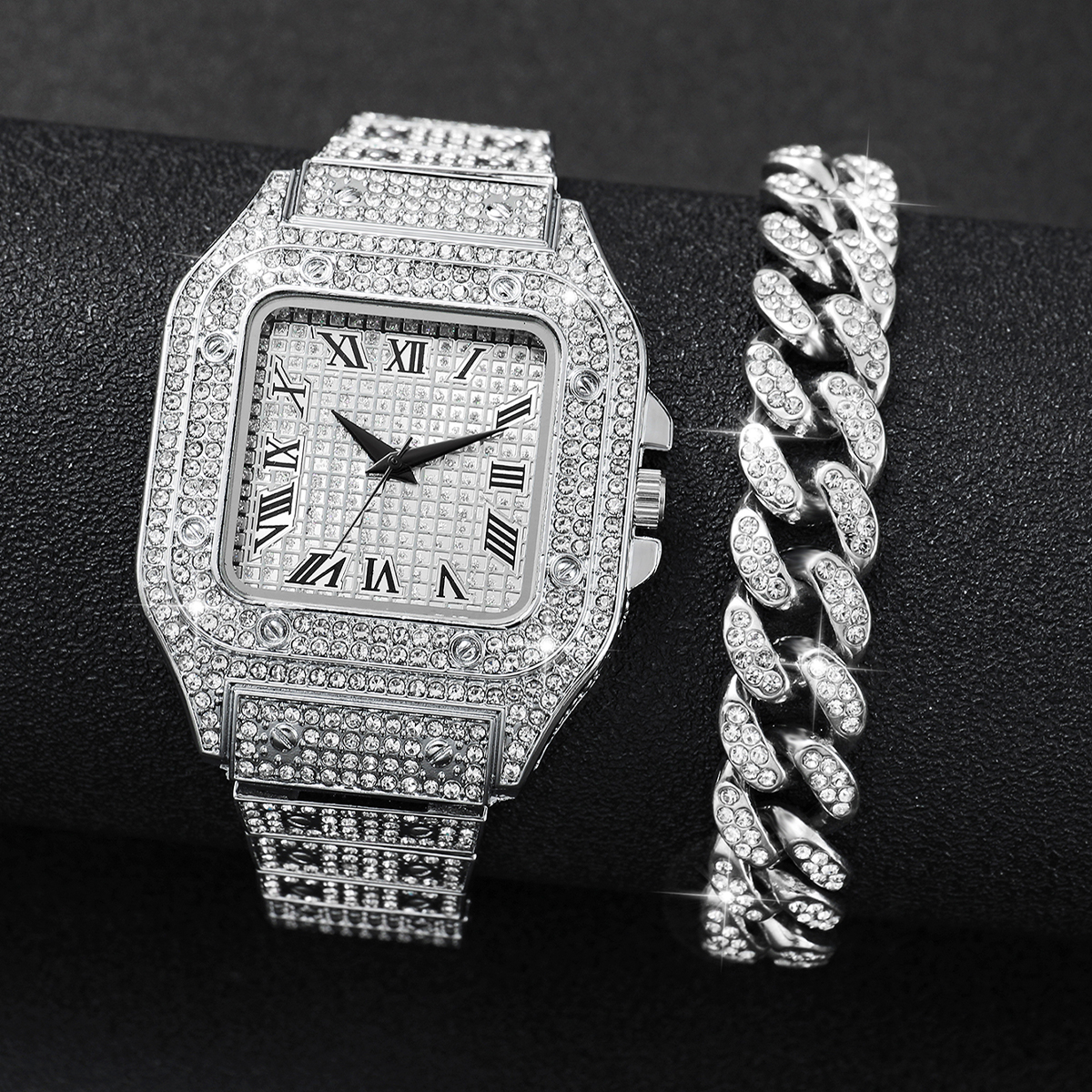 2PCS Iced Out Square Watch & C - Luxury Watch Life reseña y precio