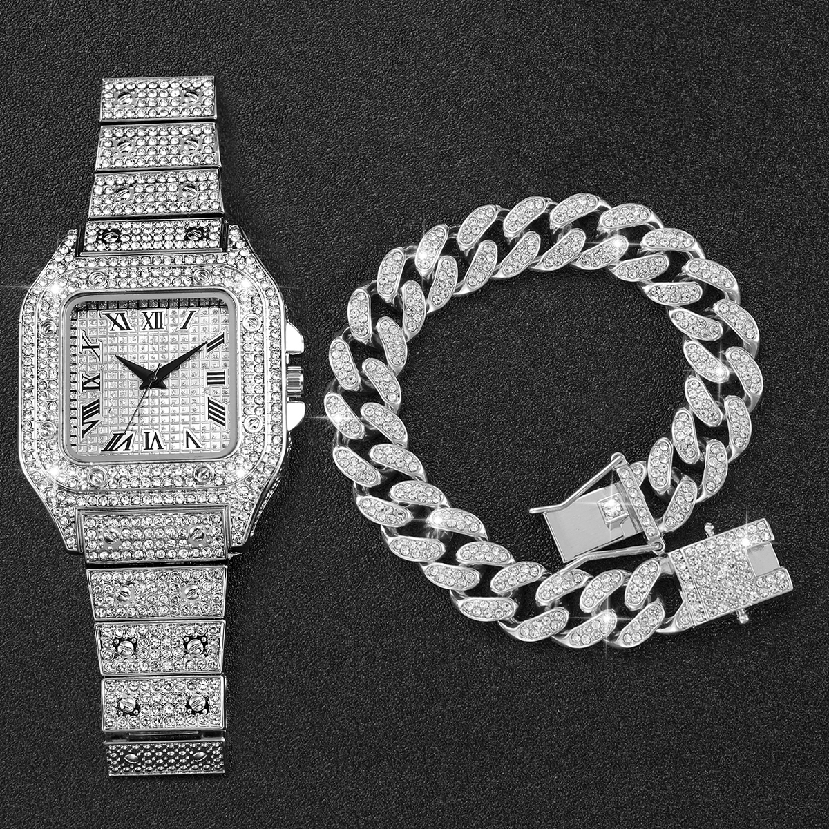 2PCS Iced Out Square Watch & C - Luxury Watch Life reseña y precio